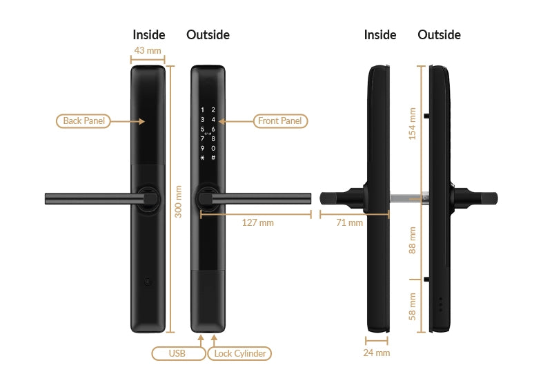 Simpled  Slim Series Smart Lock (Matte Black) Measurements